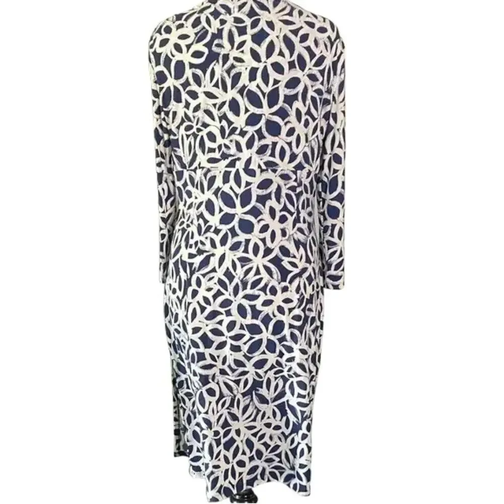 Elegant Blue and White Faux Wrap Patterned Dress